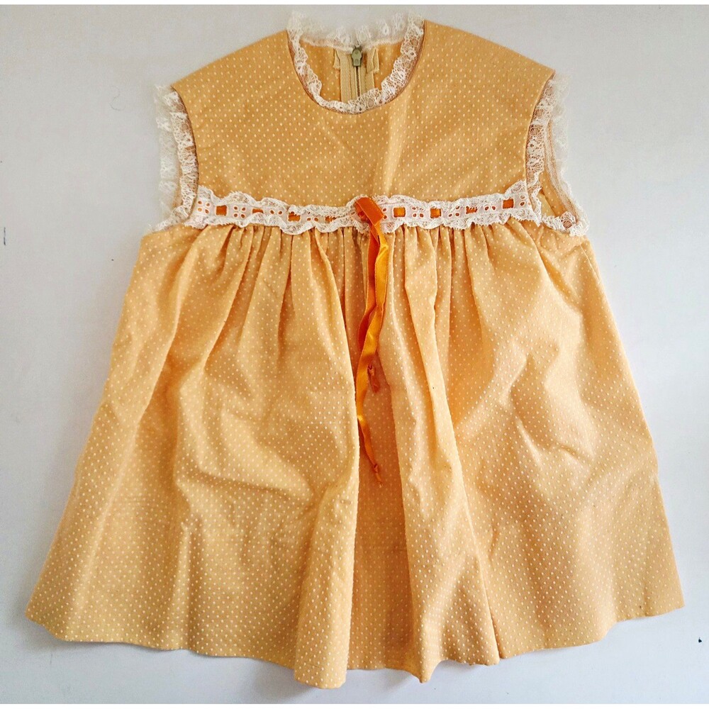 Girls Vintage Yellow & White Polka Dot Sleeveless Dress Lace Trim Ribbon